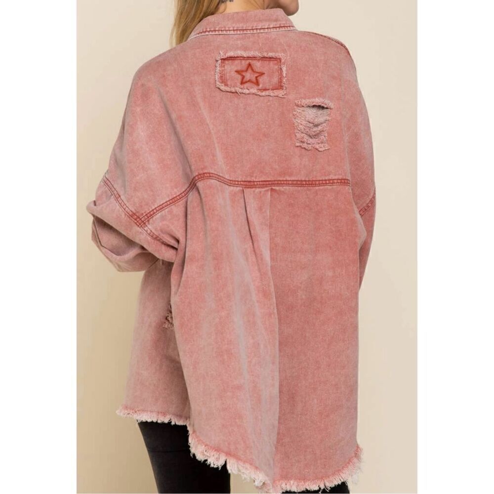 POL Women’s Distressed Denim Shacket Jacket Top Size Medium - Picture 3 of 10